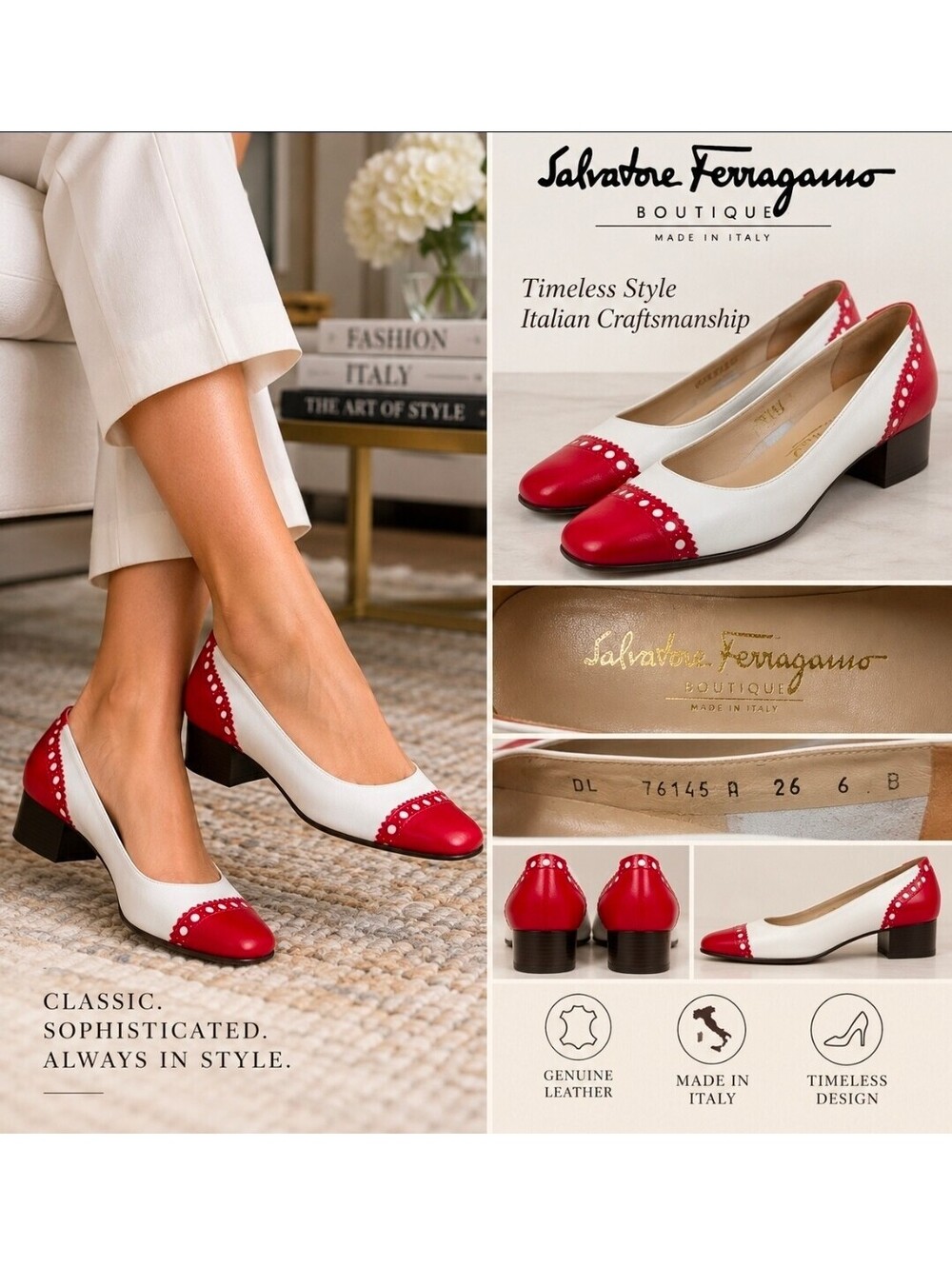 Vintage Salvatore Ferragamo Boutique Red White Leather Spectator Pumps Shoes 6 B
